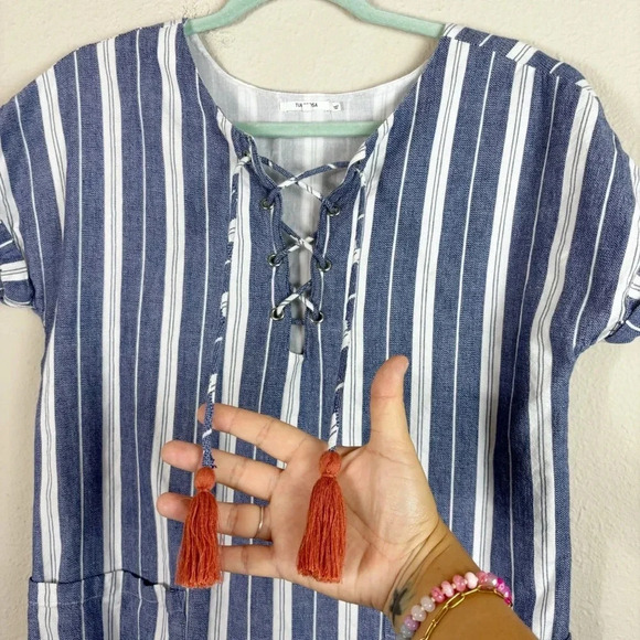 Tularosa Revolve Tunic Top Size S Blue White Striped Tassel Coverup 100% Cotton - Picture 5 of 13
